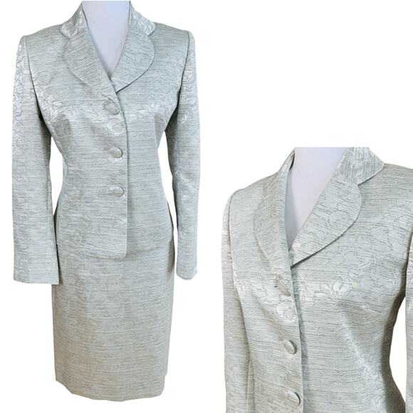 Kasper 6P Skirt Suit w/Blazer Jacket Shimmery Floral Brocade Jacquard  Silver - Picture 1 of 11